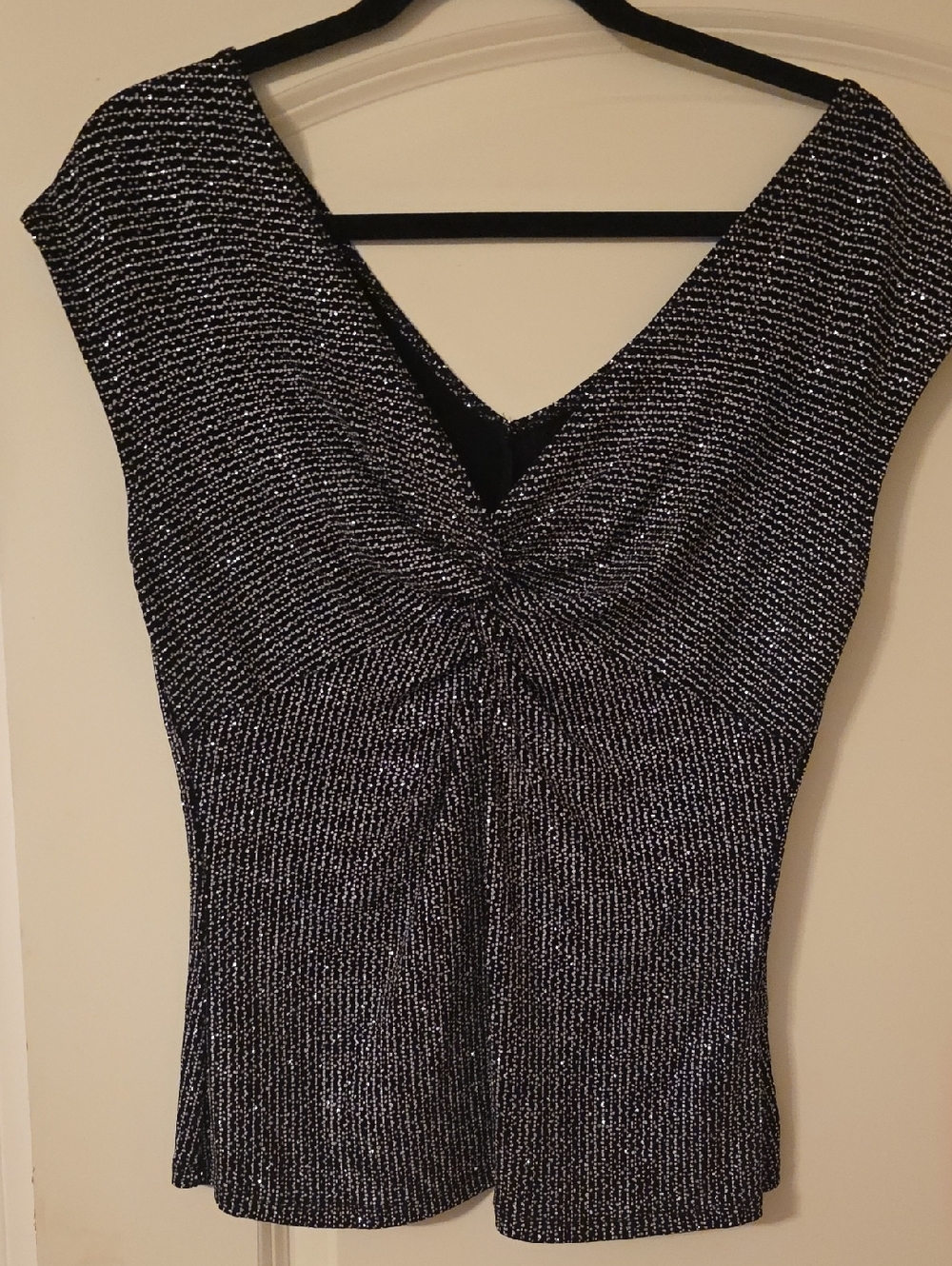 Onyx Black Metallic One-Shoulder Twist-Front Dress Top